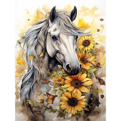 Diamond Painting-Weißes Pferd mit Sonnenblumen