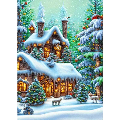 Diamond Painting-Winterliches Weihnachtsdorf im Wald