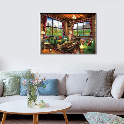 Diamond Painting-Wohnzimmer mit Bergblick