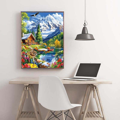 Diamond Painting-Idyllische Berghütte am Wasser
