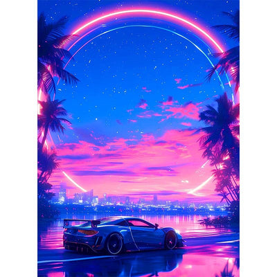 Voll AB Diamond Painting- Sportwagen bei Sonnenuntergang