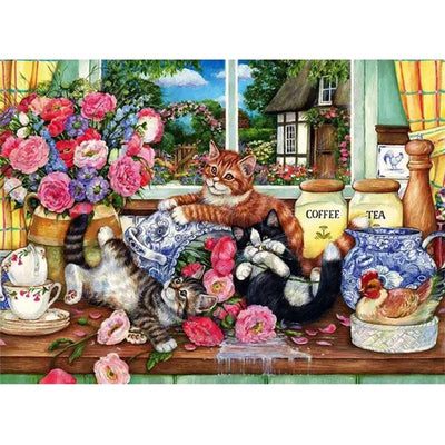 Voll AB Diamond Painting-Teezeit mit Katzen