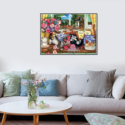 Voll AB Diamond Painting-Teezeit mit Katzen